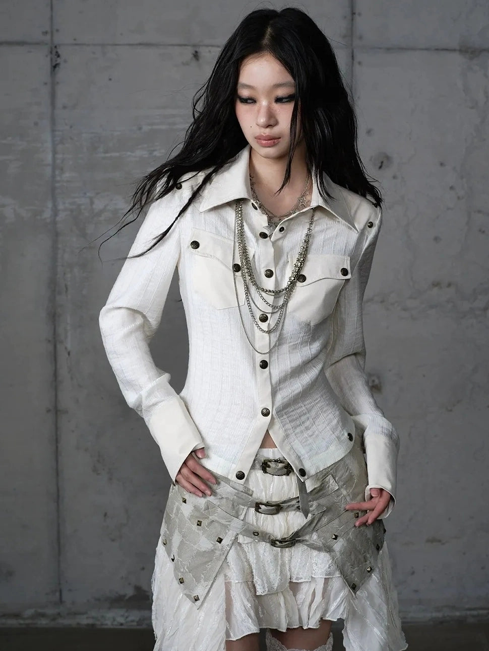 Detachable Patchwork Punk Fitted Women Long Sleeve Turn Down Collar Shirt