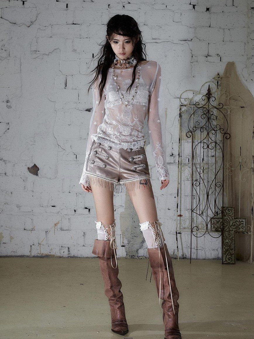 NO ROMANCE Distressed Black Metal Buckle Chain Strap Low Waist Women&