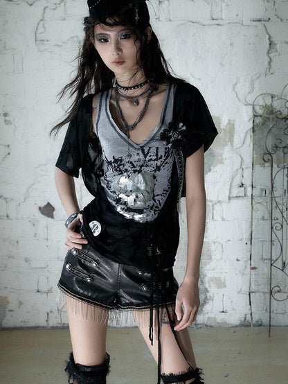 NO ROMANCE Distressed Black Metal Buckle Chain Strap Low Waist Women&