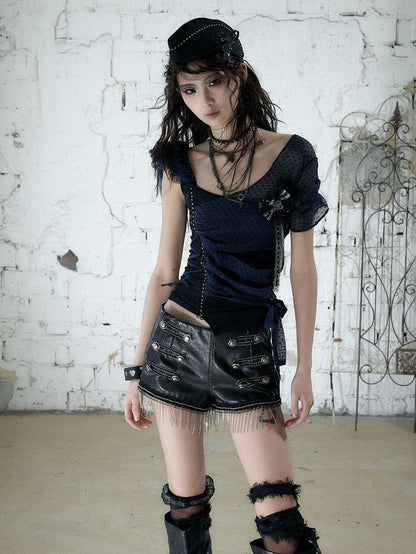 NO ROMANCE Distressed Black Metal Buckle Chain Strap Low Waist Women&