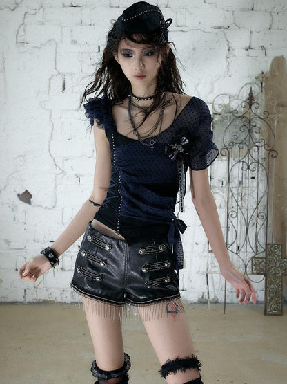 NO ROMANCE Distressed Black Metal Buckle Chain Strap Low Waist Women&