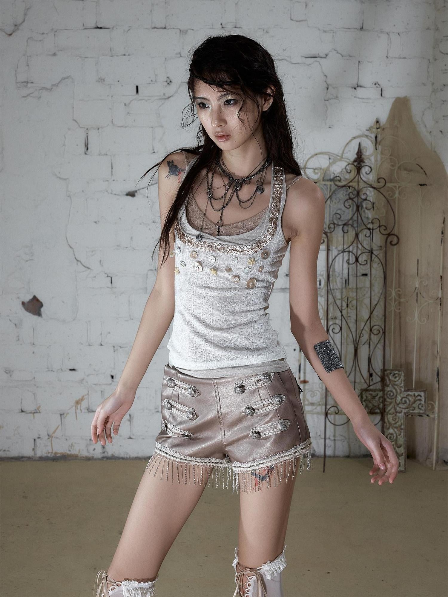 NO ROMANCE Distressed Black Metal Buckle Chain Strap Low Waist Women&