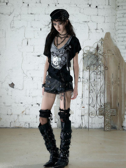 NO ROMANCE Distressed Black Metal Buckle Chain Strap Low Waist Women&