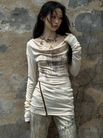 NO ROMANCE Distressed Dual Zipper Slim Punk Bardot Neck Beige Cotton T-Shirt