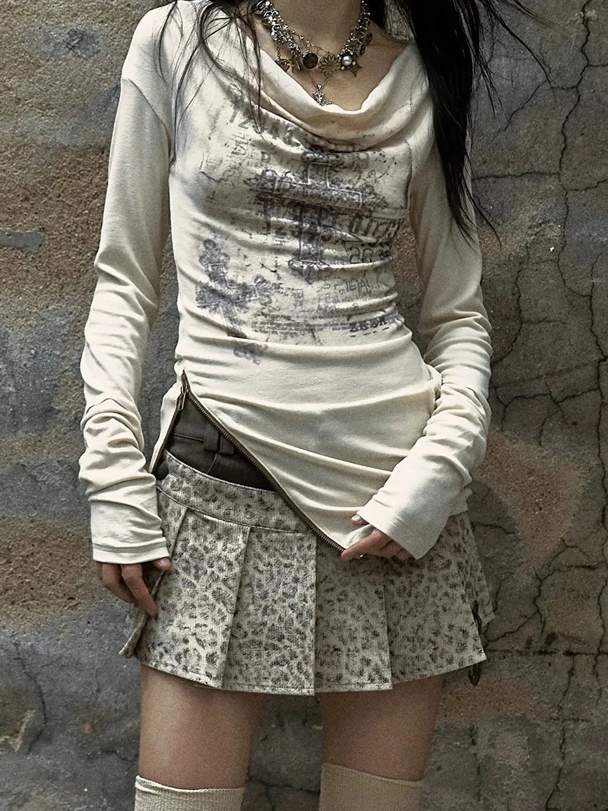 NO ROMANCE Distressed Dual Zipper Slim Punk Bardot Neck Beige Cotton T-Shirt