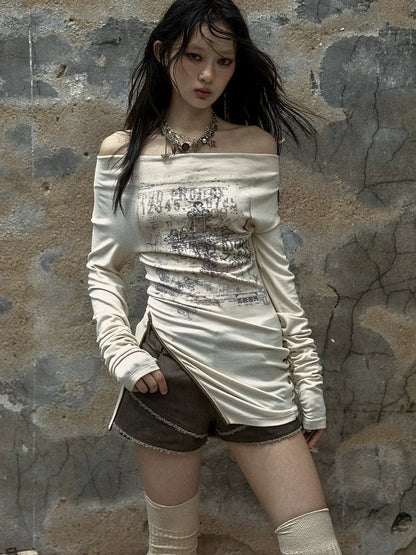 NO ROMANCE Distressed Dual Zipper Slim Punk Bardot Neck Beige Cotton T-Shirt