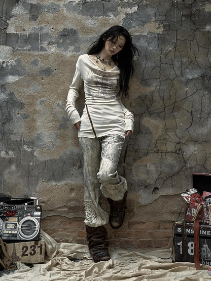 NO ROMANCE Distressed Dual Zipper Slim Punk Bardot Neck Beige Cotton T-Shirt