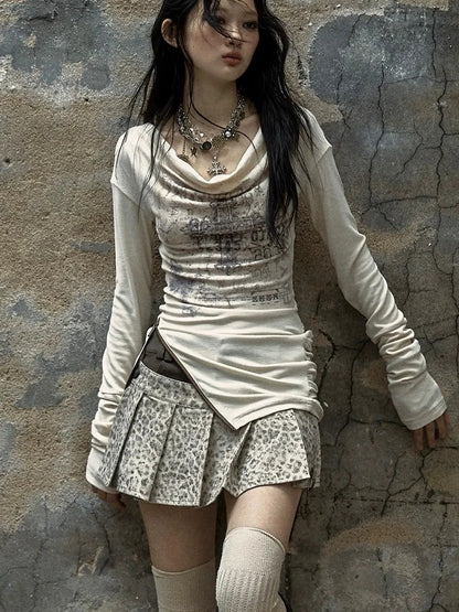 NO ROMANCE Distressed Dual Zipper Slim Punk Bardot Neck Beige Cotton T-Shirt