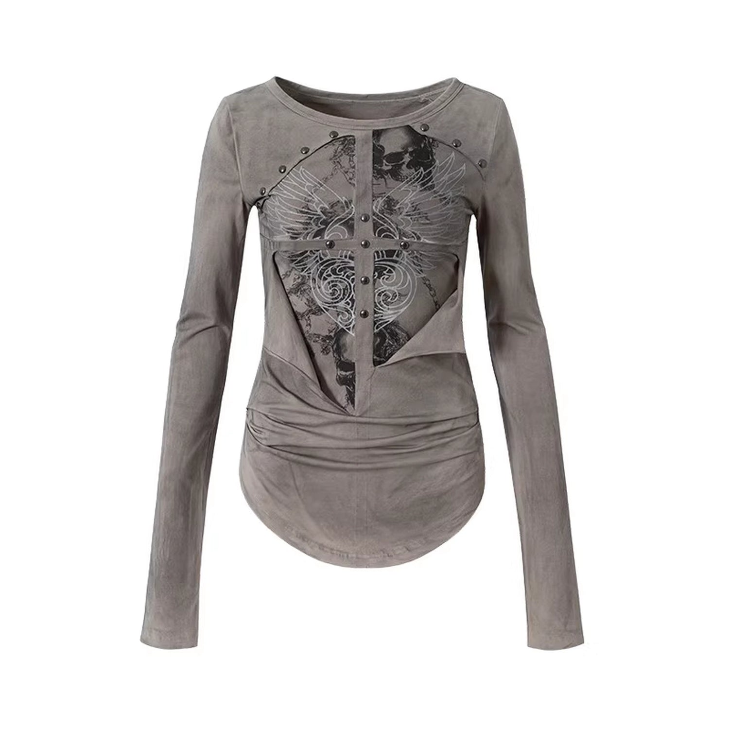NO_ROMANCE_Distressed_Graphic_Punk_Slim_Fit_Long_Sleeve_Crew_Neck_Women_Gray_Cotton_T-Shirt_MISSTT