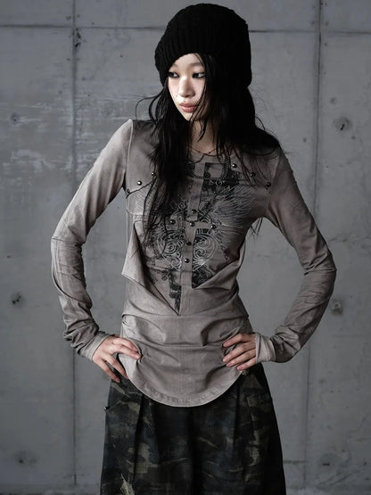 NO ROMANCE Distressed Graphic Punk Slim Fit Long Sleeve Crew Neck Women Gray Cotton T-Shirt