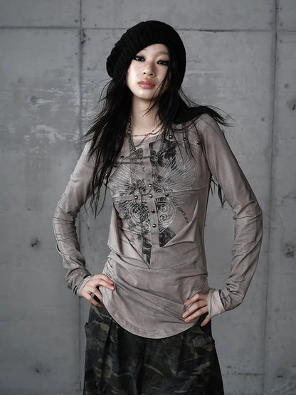 NO ROMANCE Distressed Graphic Punk Slim Fit Long Sleeve Crew Neck Women Gray Cotton T-Shirt