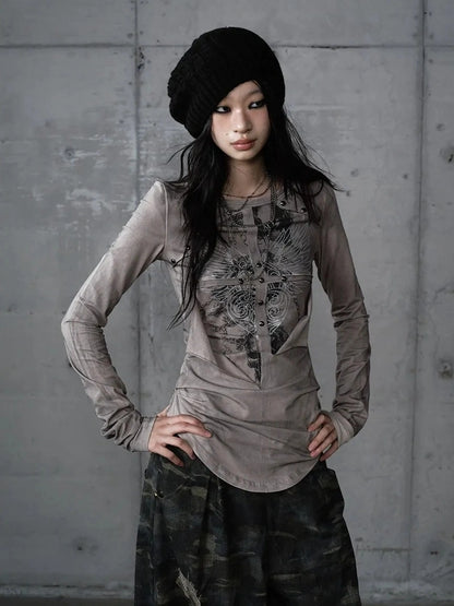 NO ROMANCE Distressed Graphic Punk Slim Fit Long Sleeve Crew Neck Women Gray Cotton T-Shirt