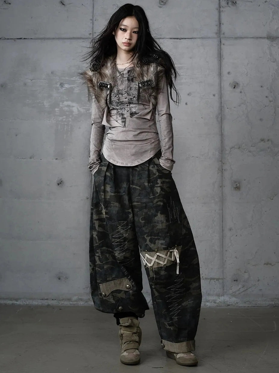 NO ROMANCE Distressed Graphic Punk Slim Fit Long Sleeve Crew Neck Women Gray Cotton T-Shirt