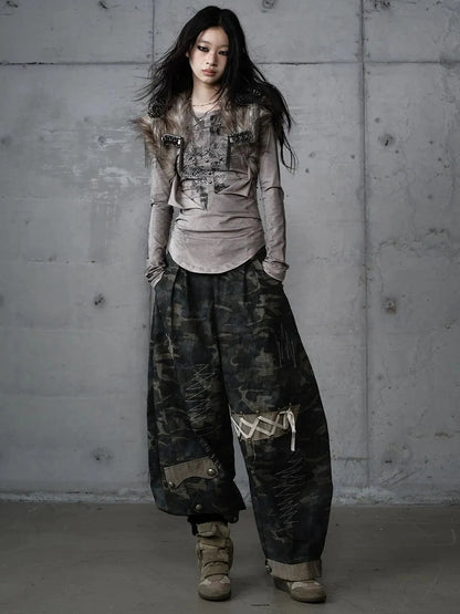 NO ROMANCE Distressed Graphic Punk Slim Fit Long Sleeve Crew Neck Women Gray Cotton T-Shirt