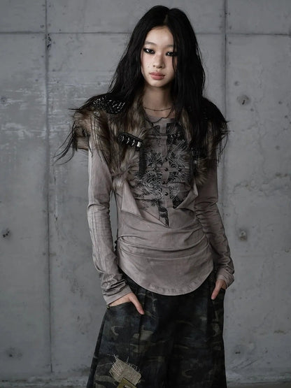 NO ROMANCE Distressed Graphic Punk Slim Fit Long Sleeve Crew Neck Women Gray Cotton T-Shirt