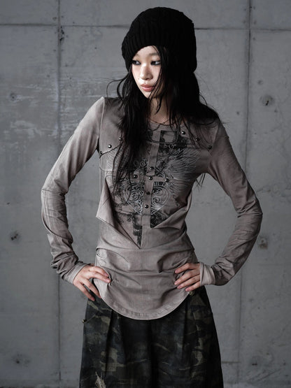 NO ROMANCE Distressed Graphic Punk Slim Fit Long Sleeve Crew Neck Women Gray Cotton T-Shirt