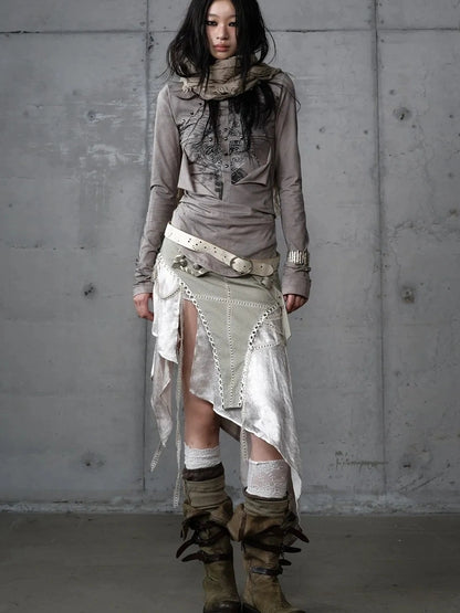 NO ROMANCE Distressed Graphic Punk Slim Fit Long Sleeve Crew Neck Women Gray Cotton T-Shirt