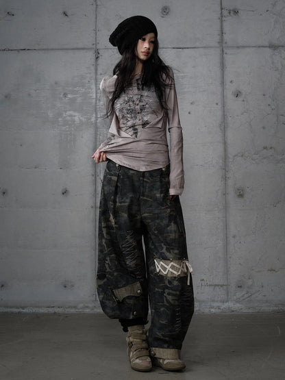 NO ROMANCE Distressed Graphic Punk Slim Fit Long Sleeve Crew Neck Women Gray Cotton T-Shirt