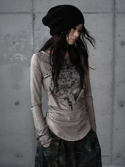 NO ROMANCE Distressed Graphic Punk Slim Fit Long Sleeve Crew Neck Women Gray Cotton T-Shirt