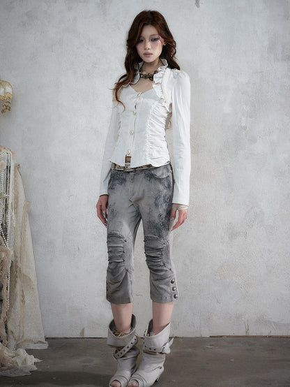 NO ROMANCE Distressed Lace Print Slim Fit Women&