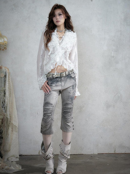 NO ROMANCE Distressed Lace Print Slim Fit Women&