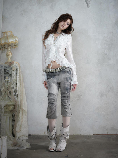 NO ROMANCE Distressed Lace Print Slim Fit Women&