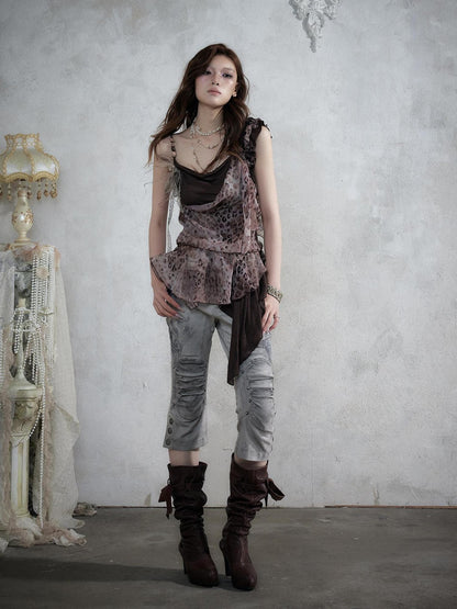 NO ROMANCE Distressed Lace Print Slim Fit Women&