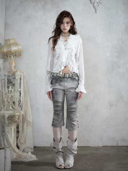 NO ROMANCE Distressed Lace Print Slim Fit Women&