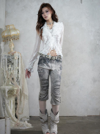 NO ROMANCE Distressed Lace Print Slim Fit Women&