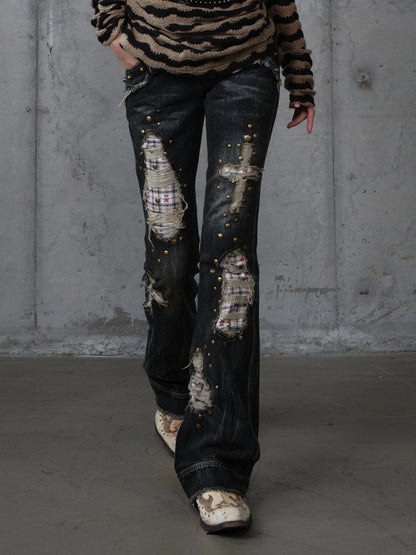 NO ROMANCE Distressed Plaid Slim Low Rise Punk Women Non Stretch Denim Zip Fly Jeans