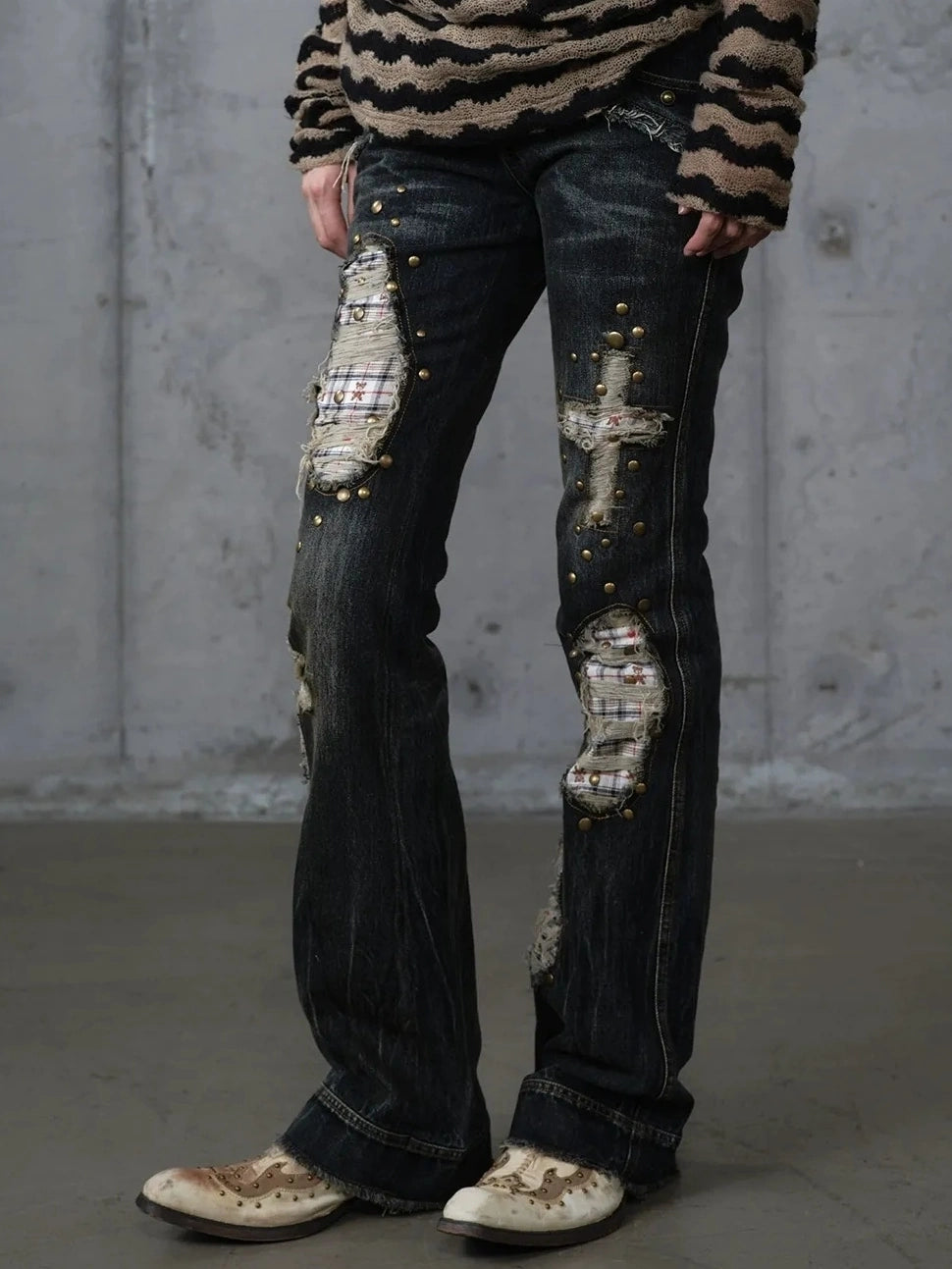 NO ROMANCE Distressed Plaid Slim Low Rise Punk Women Non Stretch Denim Zip Fly Jeans