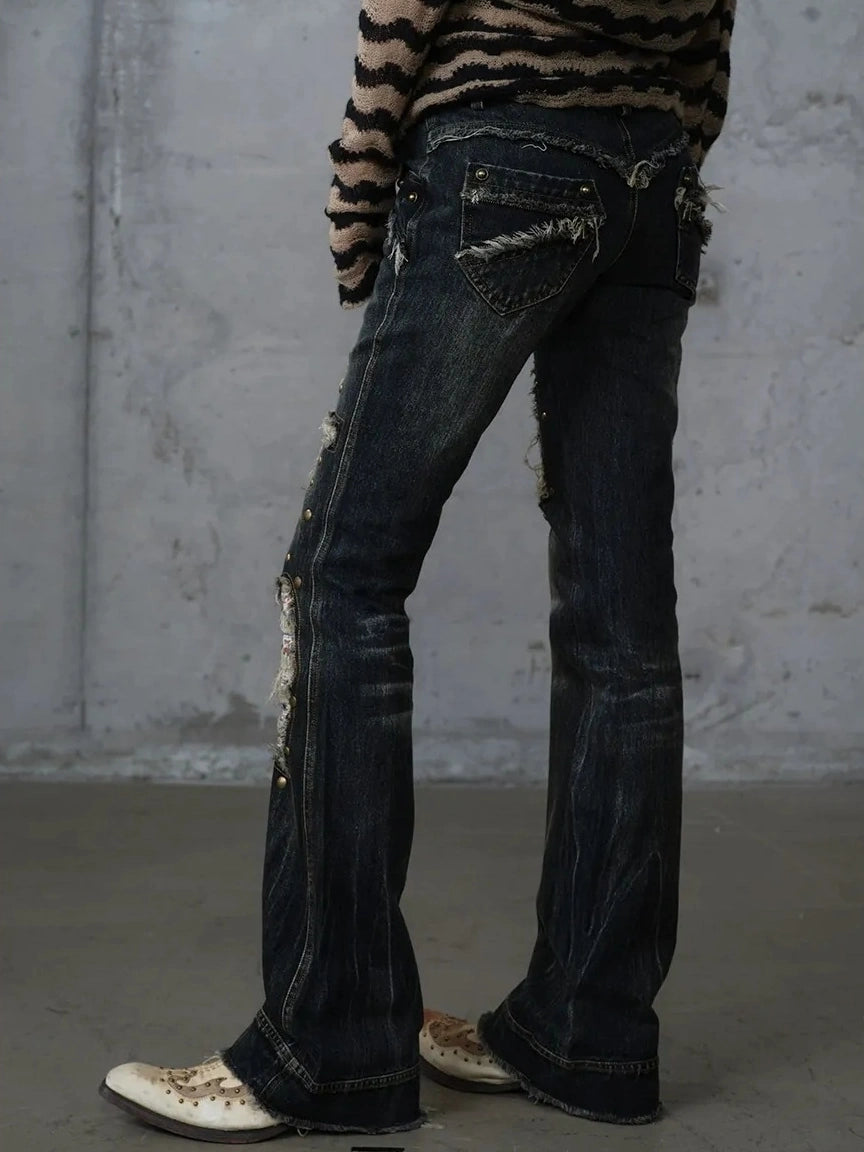 NO ROMANCE Distressed Plaid Slim Low Rise Punk Women Non Stretch Denim Zip Fly Jeans