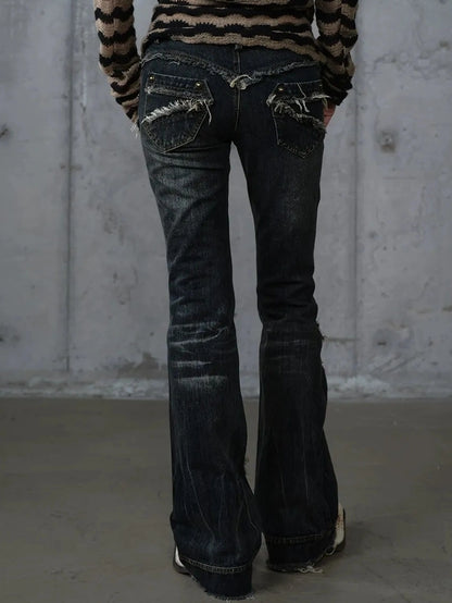 NO ROMANCE Distressed Plaid Slim Low Rise Punk Women Non Stretch Denim Zip Fly Jeans