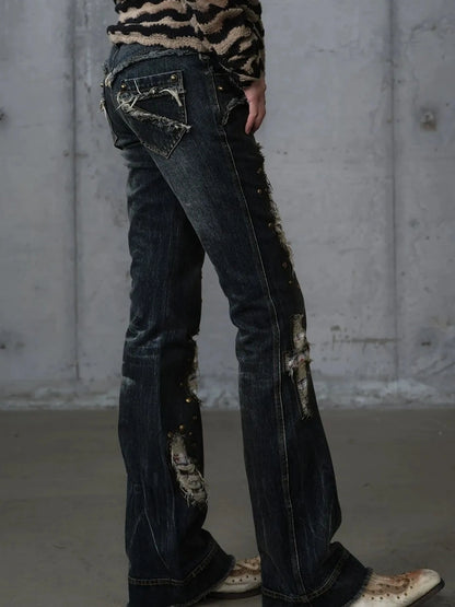 NO ROMANCE Distressed Plaid Slim Low Rise Punk Women Non Stretch Denim Zip Fly Jeans