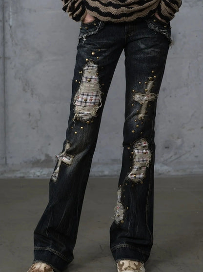 NO ROMANCE Distressed Plaid Slim Low Rise Punk Women Non Stretch Denim Zip Fly Jeans