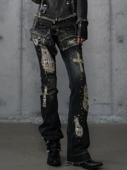 NO ROMANCE Distressed Plaid Slim Low Rise Punk Women Non Stretch Denim Zip Fly Jeans