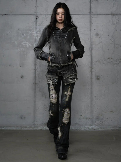 NO ROMANCE Distressed Plaid Slim Low Rise Punk Women Non Stretch Denim Zip Fly Jeans