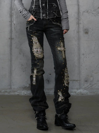 NO ROMANCE Distressed Plaid Slim Low Rise Punk Women Non Stretch Denim Zip Fly Jeans