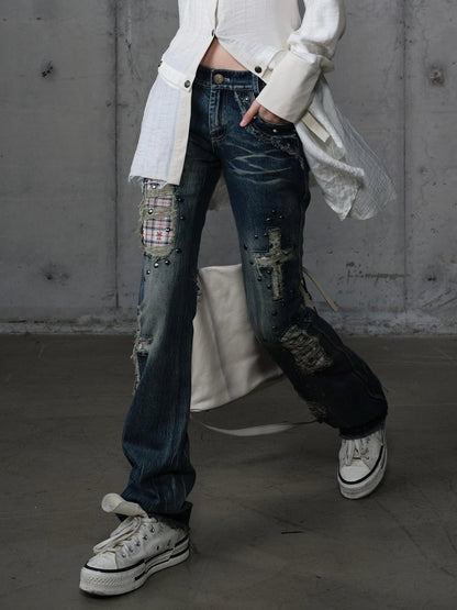 NO ROMANCE Distressed Plaid Slim Low Rise Punk Women Non Stretch Denim Zip Fly Jeans