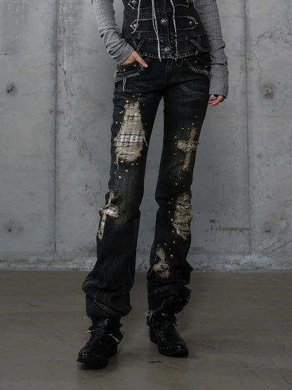 NO ROMANCE Distressed Plaid Slim Low Rise Punk Women Non Stretch Denim Zip Fly Jeans