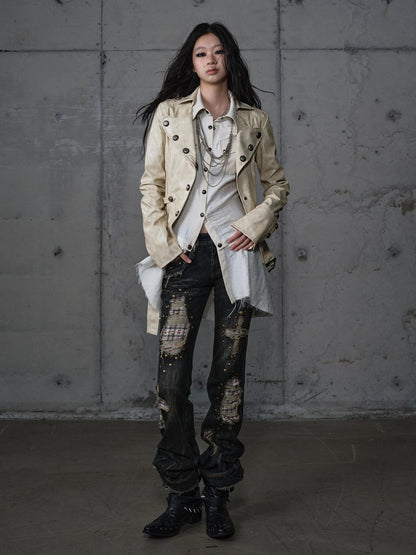 NO ROMANCE Distressed Plaid Slim Low Rise Punk Women Non Stretch Denim Zip Fly Jeans