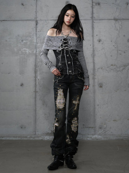 NO ROMANCE Distressed Plaid Slim Low Rise Punk Women Non Stretch Denim Zip Fly Jeans