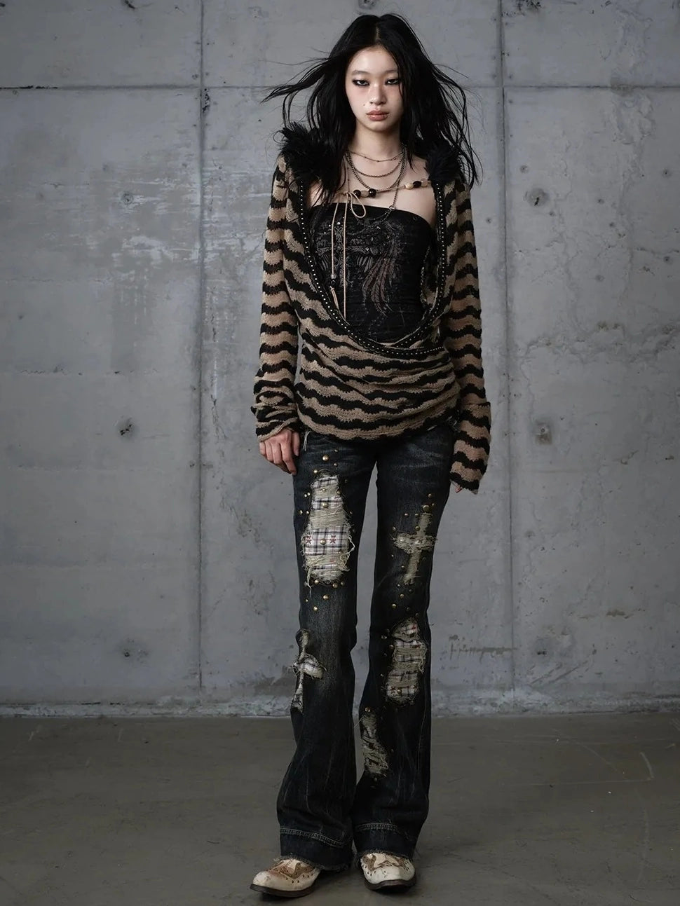 NO ROMANCE Distressed Plaid Slim Low Rise Punk Women Non Stretch Denim Zip Fly Jeans