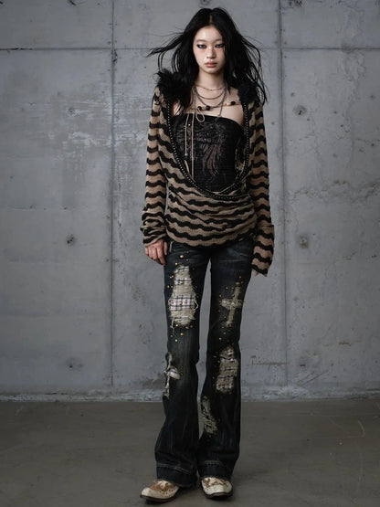 NO ROMANCE Distressed Plaid Slim Low Rise Punk Women Non Stretch Denim Zip Fly Jeans