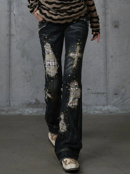 NO ROMANCE Distressed Plaid Slim Low Rise Punk Women Non Stretch Denim Zip Fly Jeans