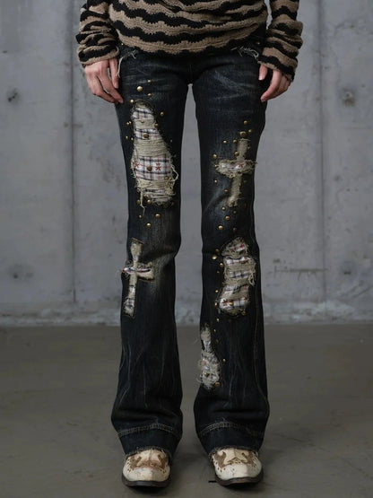 NO ROMANCE Distressed Plaid Slim Low Rise Punk Women Non Stretch Denim Zip Fly Jeans