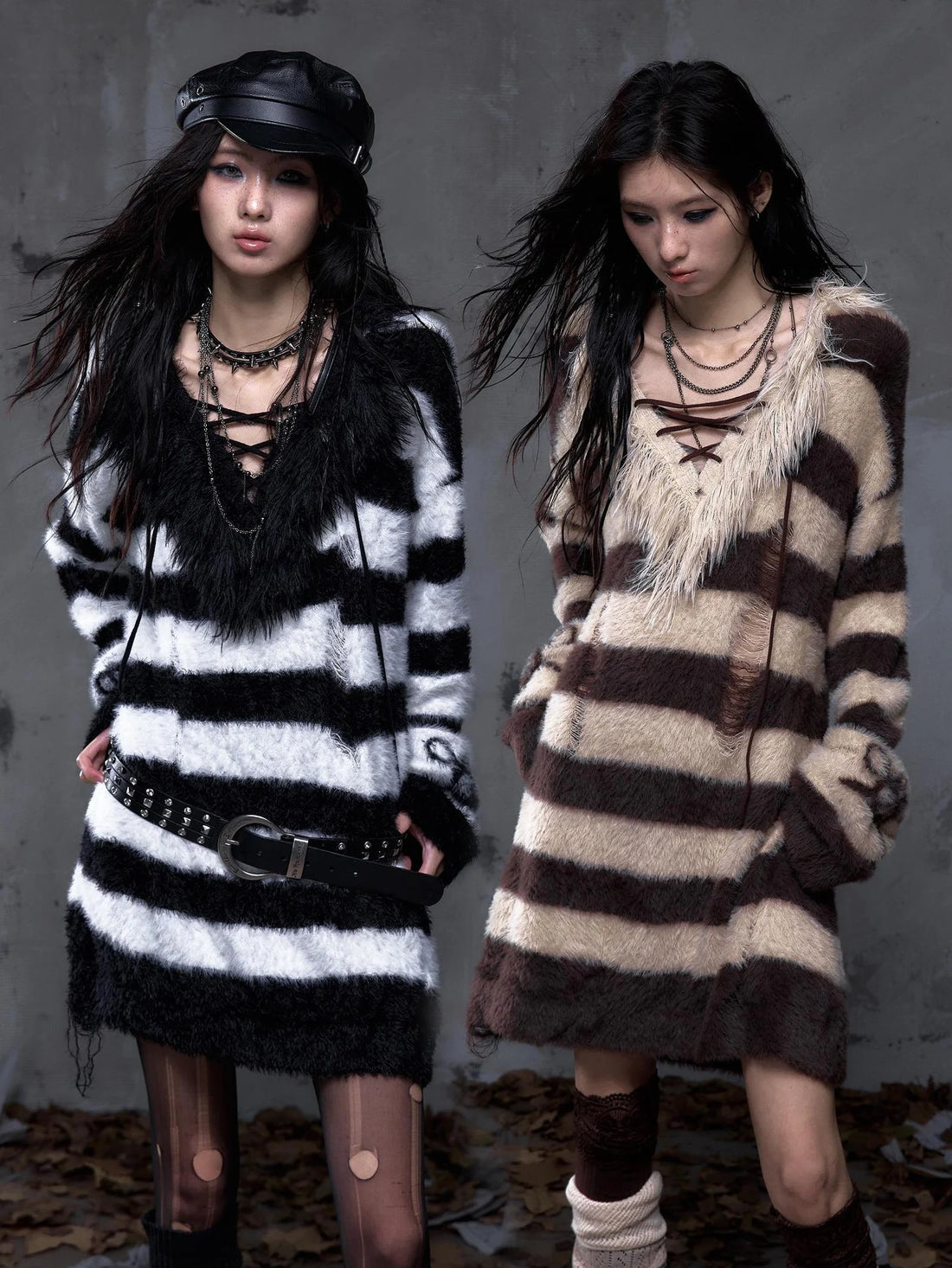 NO ROMANCE Distressed Striped Oversized Pullover Long Sleeve Vintage Women Knit Sweater