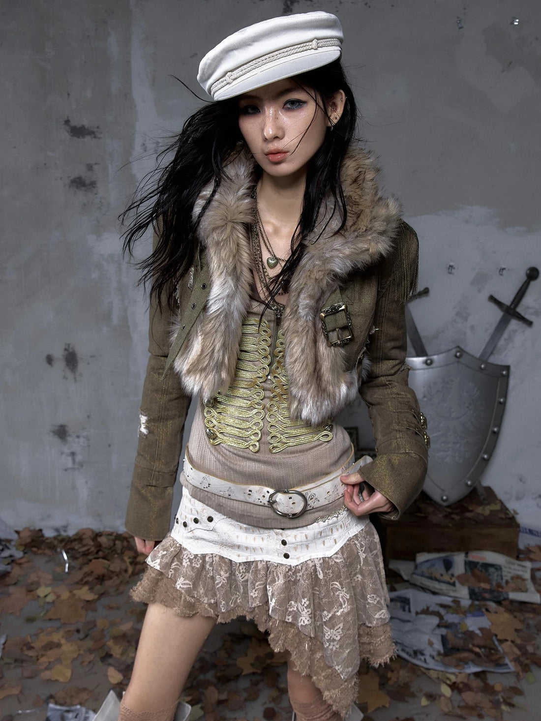 NO ROMANCE Distressed Vintage Cropped Slim Fit Long Sleeve Women Gold Khaki Jacket