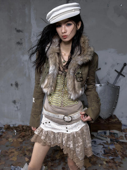 NO ROMANCE Distressed Vintage Cropped Slim Fit Long Sleeve Women Gold Khaki Jacket