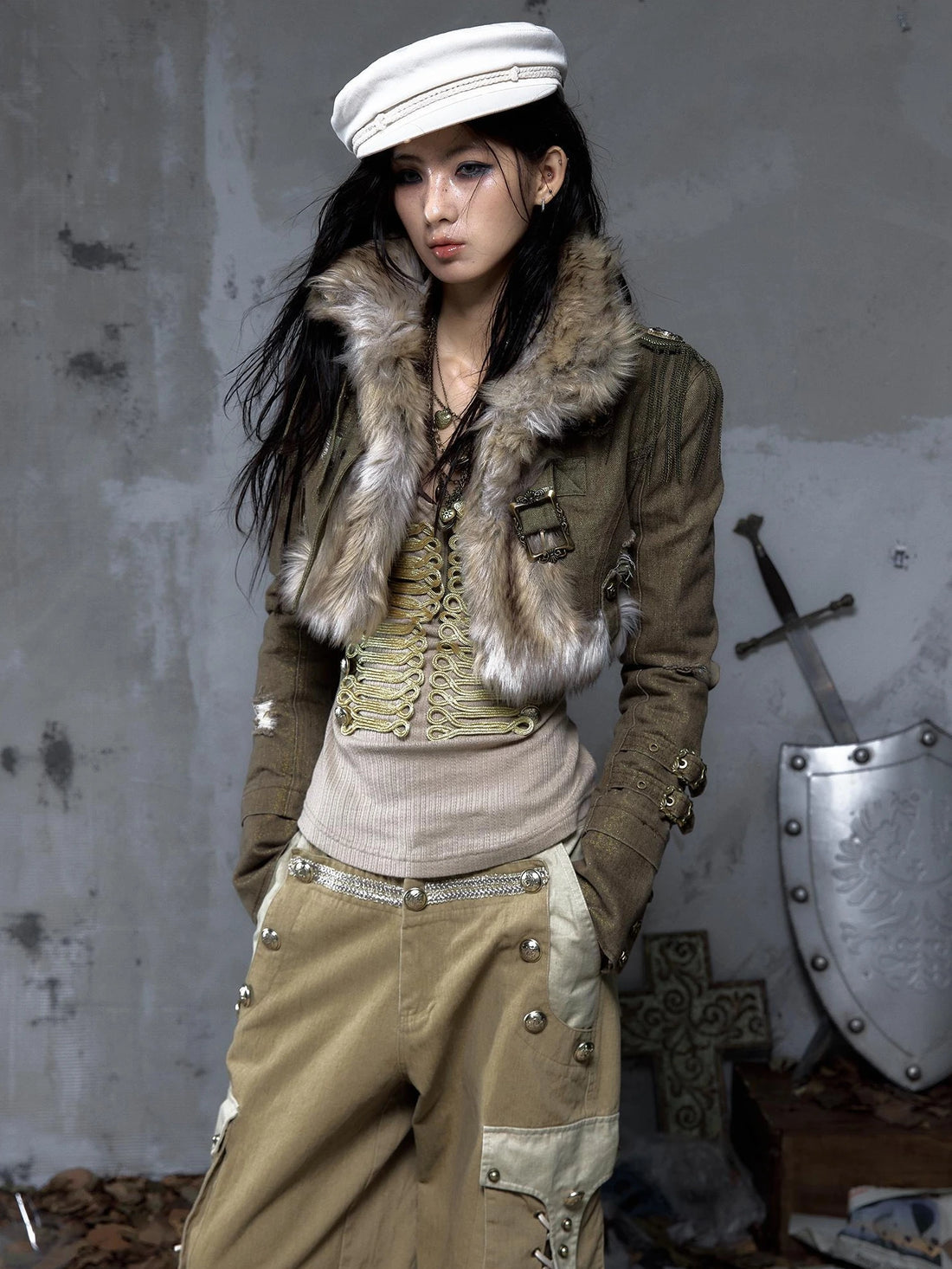 NO ROMANCE Distressed Vintage Cropped Slim Fit Long Sleeve Women Gold Khaki Jacket